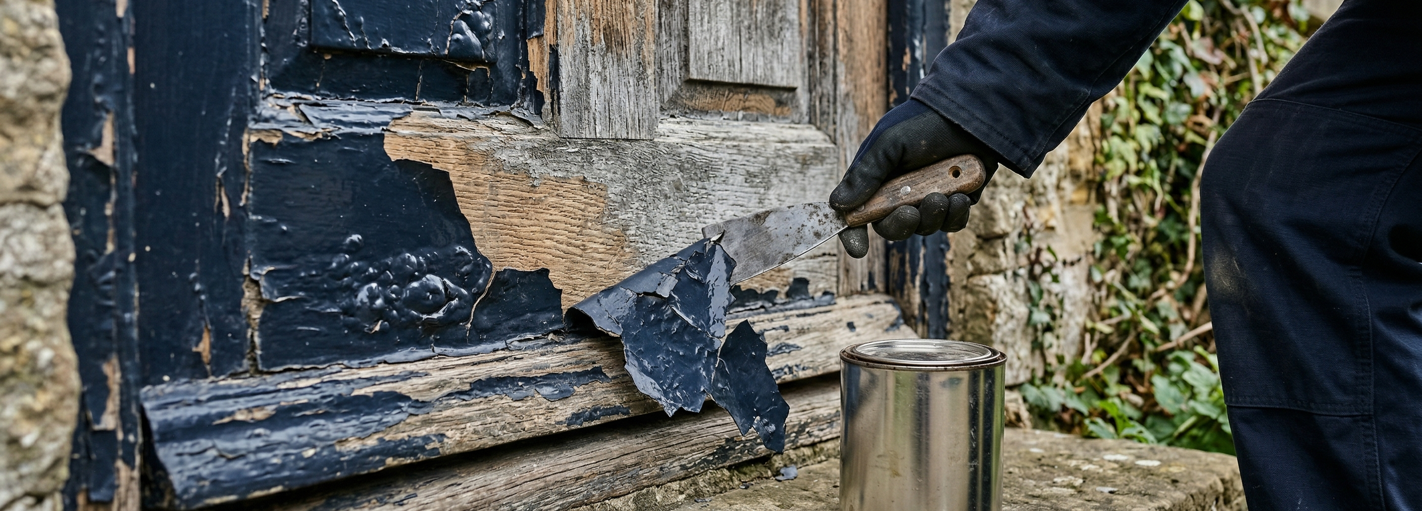 Identifying paint adhesion failure on a wooden exterior door in the UK.