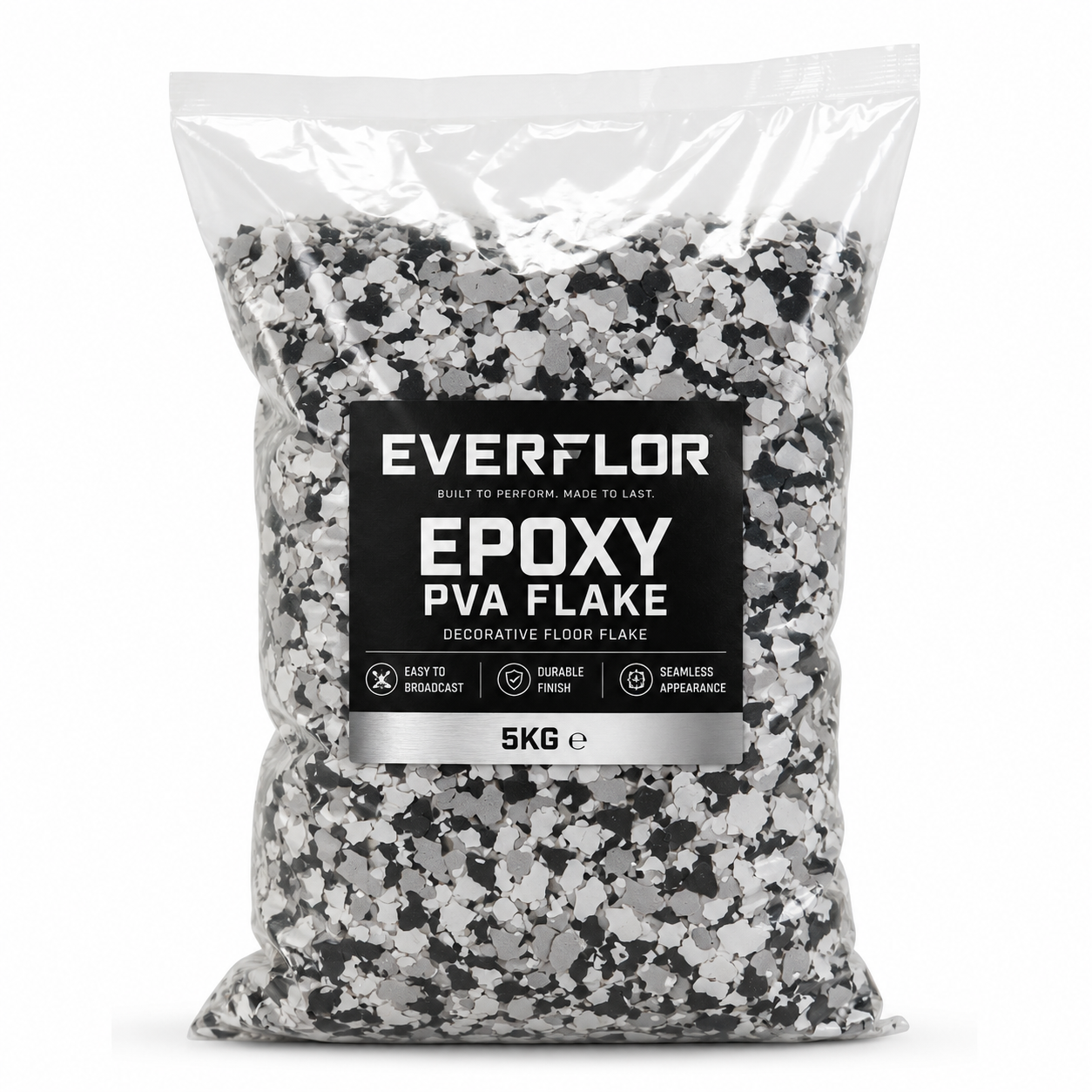 A 5kg clear plastic bag of Everflor Epoxy PVA Flake decorative floor flake, showing the black, white, and gray flakes inside, with a black and silver label on a white background.
