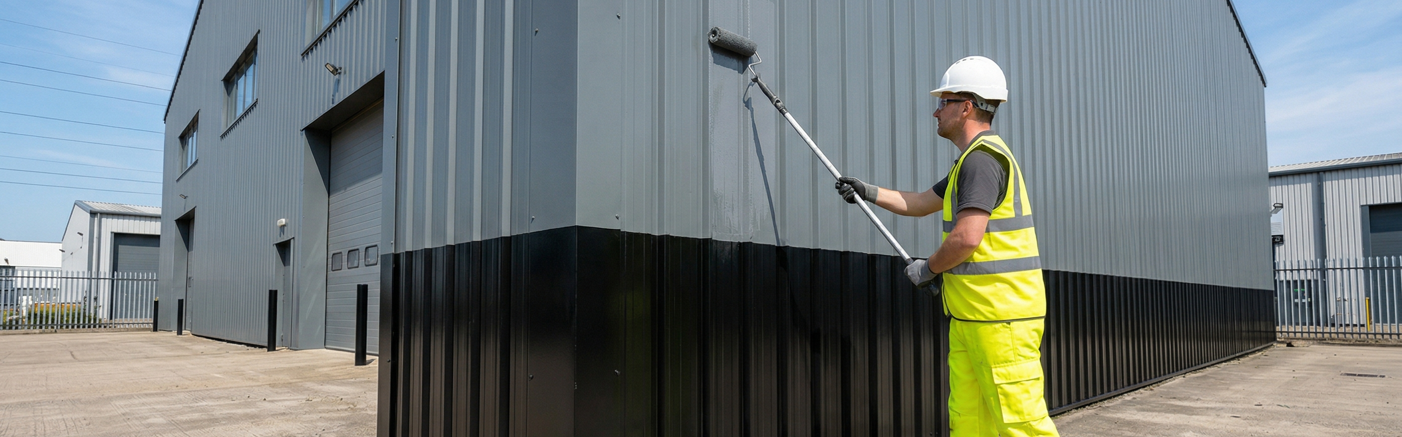 Comparing semi-gloss acrylic and high-gloss oxide paint on industrial warehouse metal cladding.