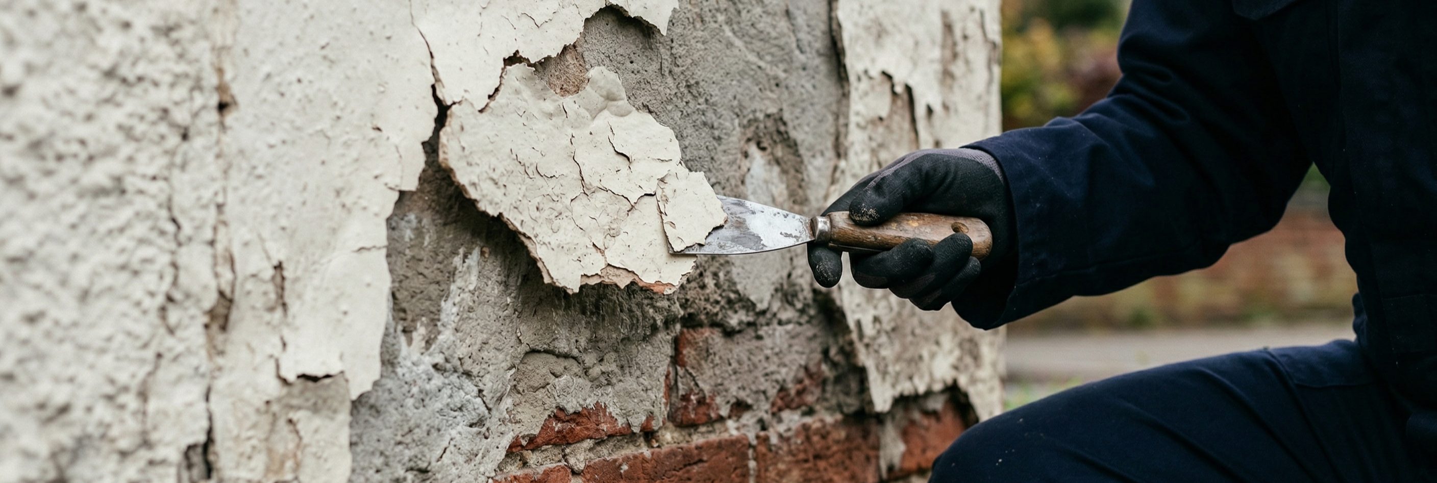 Masonry paint flaking off in large chunks from a UK residential exterior wall.