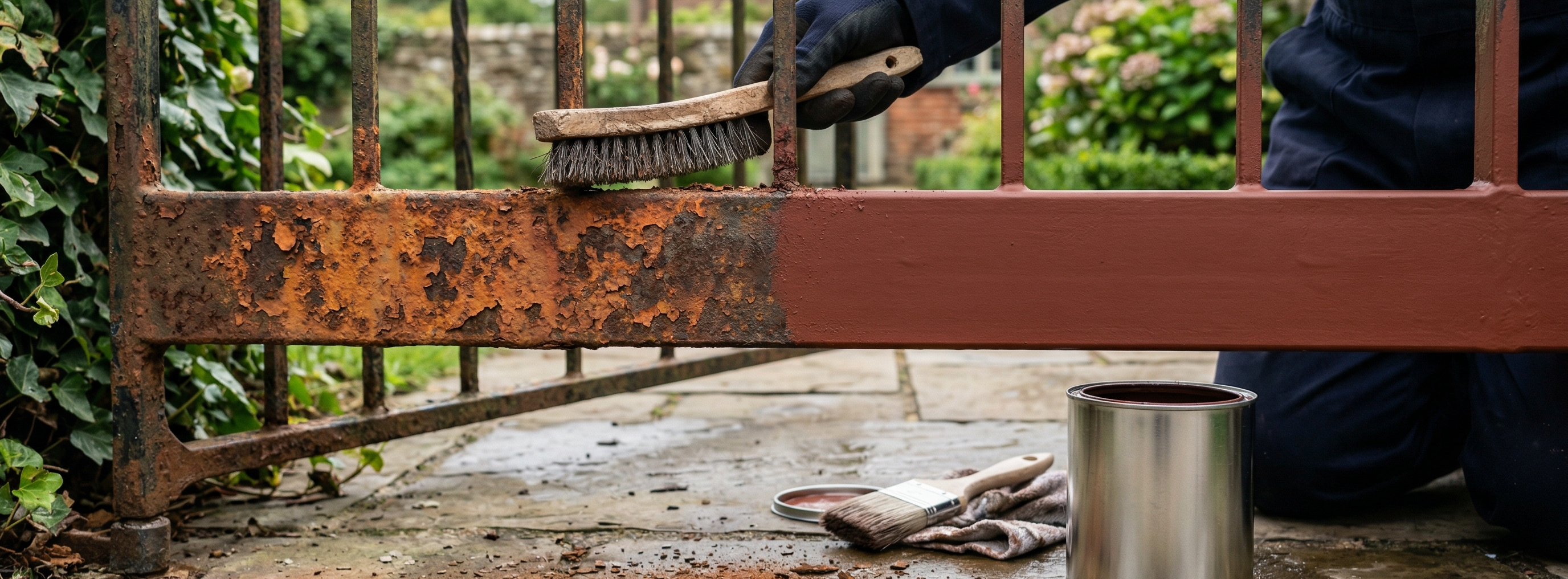 Applying reddish-brown oxide primer to a rusted metal gate to prevent further corrosion.