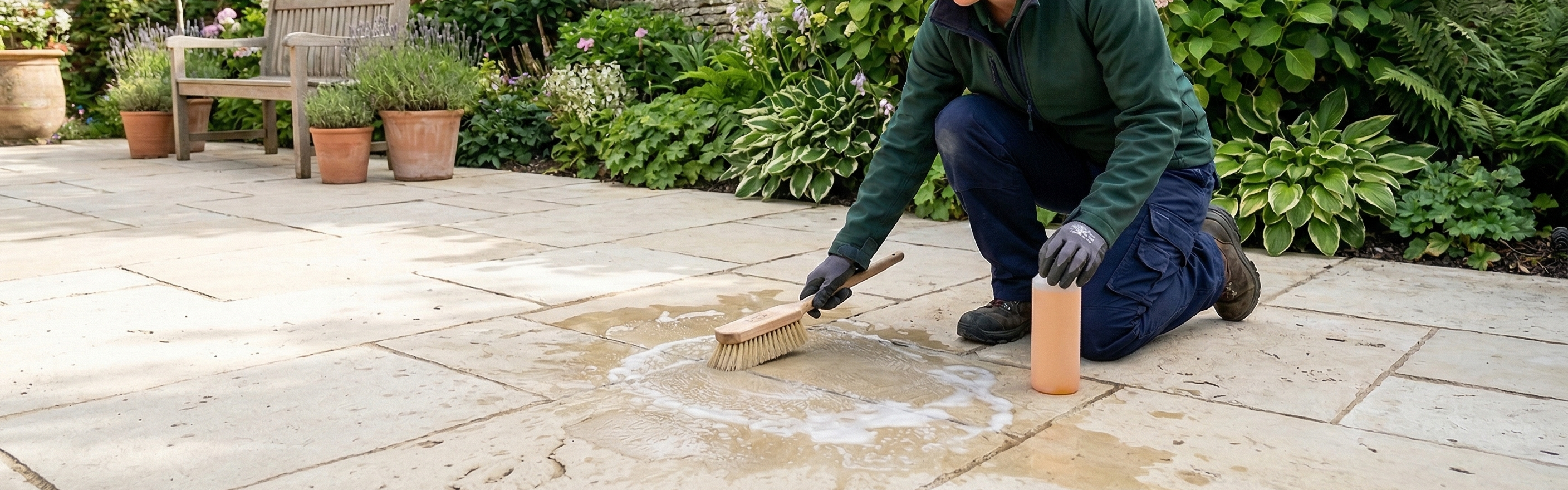 Safely cleaning a limestone patio in the UK using a pH-neutral solution to avoid acid damage.