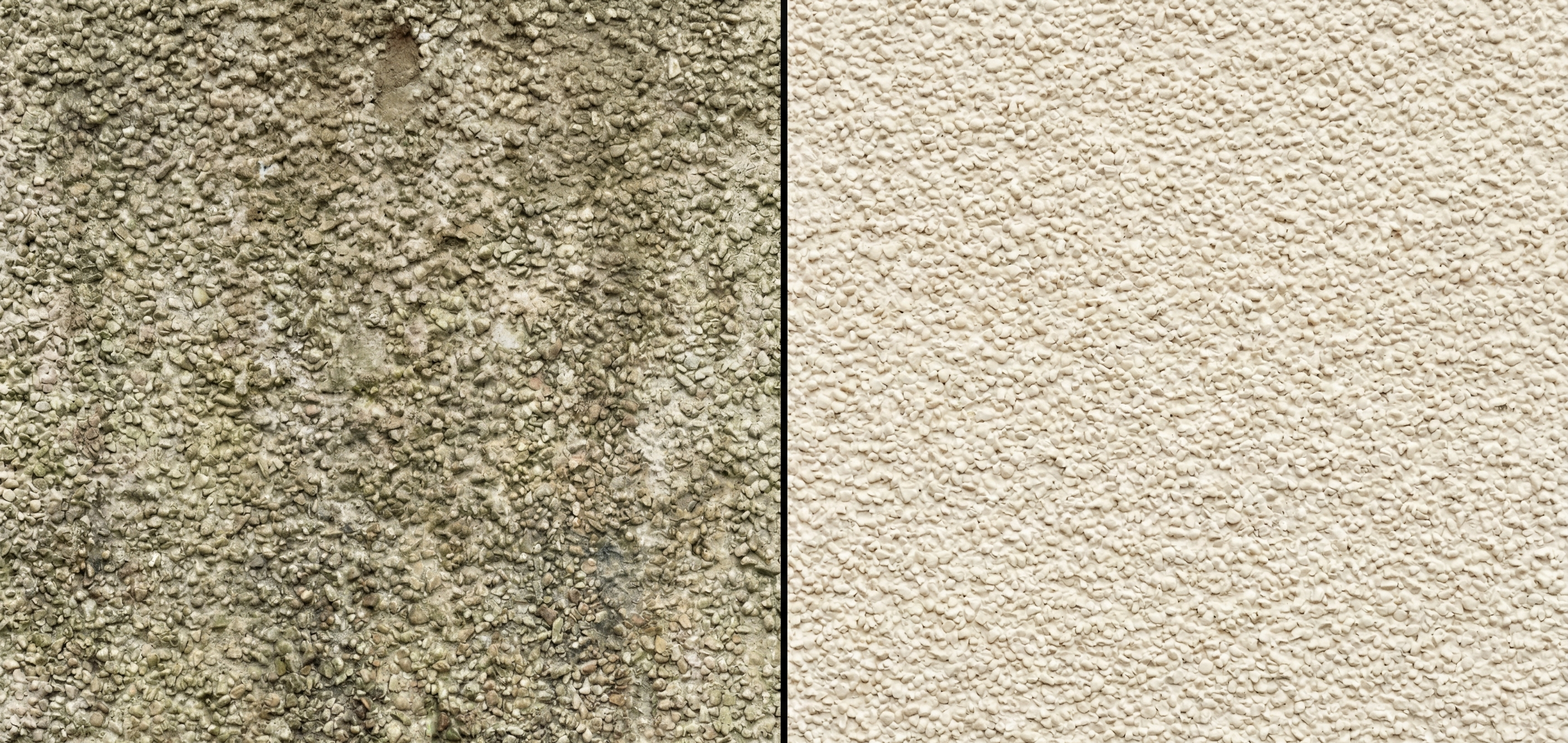 A close-up of a textured Tyrolean wall showing a stark contrast between a dirty section and a freshly cleaned section.