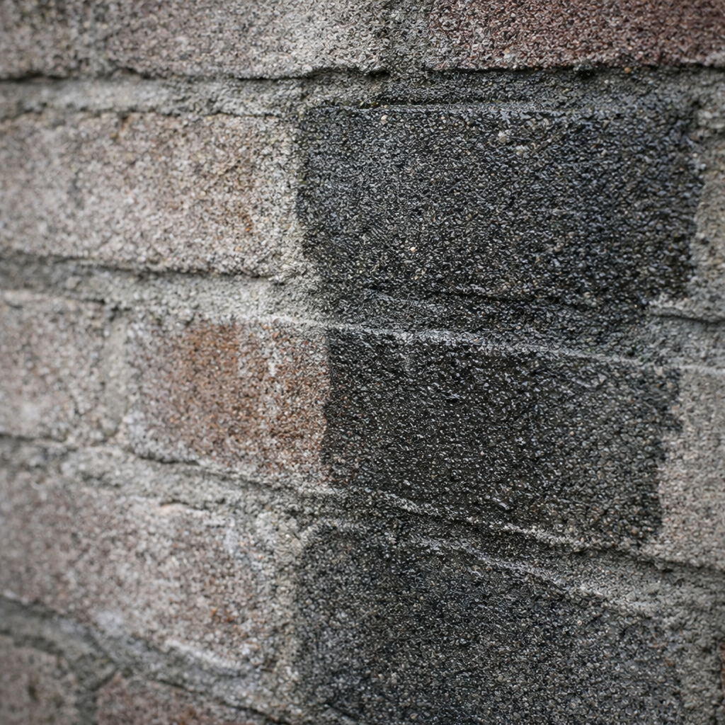 Close-up of a brick wall with a focus on texture and color variation.