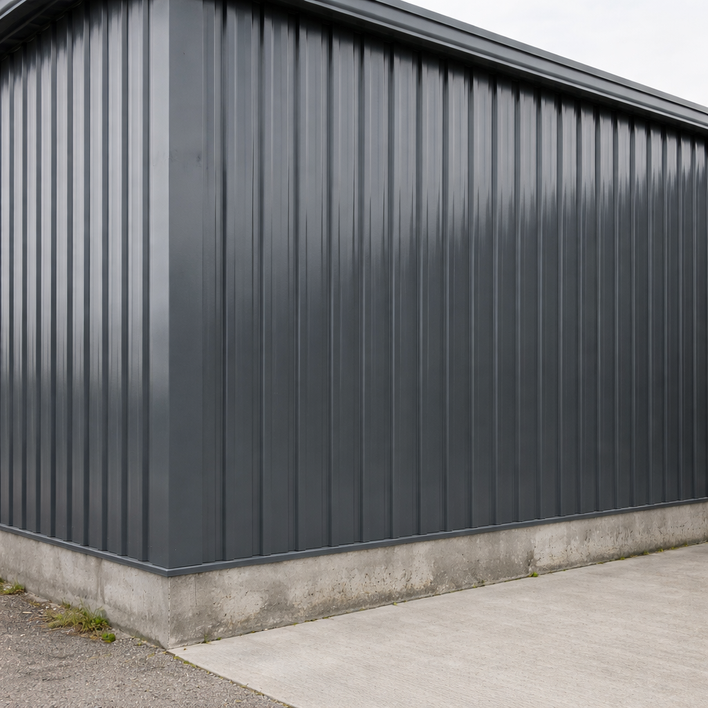Gray metal building with a concrete foundation
