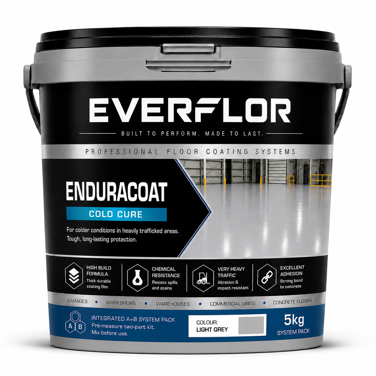 A 5kg bucket of Everflor Enduracoat Cold Cure system pack in Colour Light Grey, featuring a black and silver container with a blue accent band on a white background.