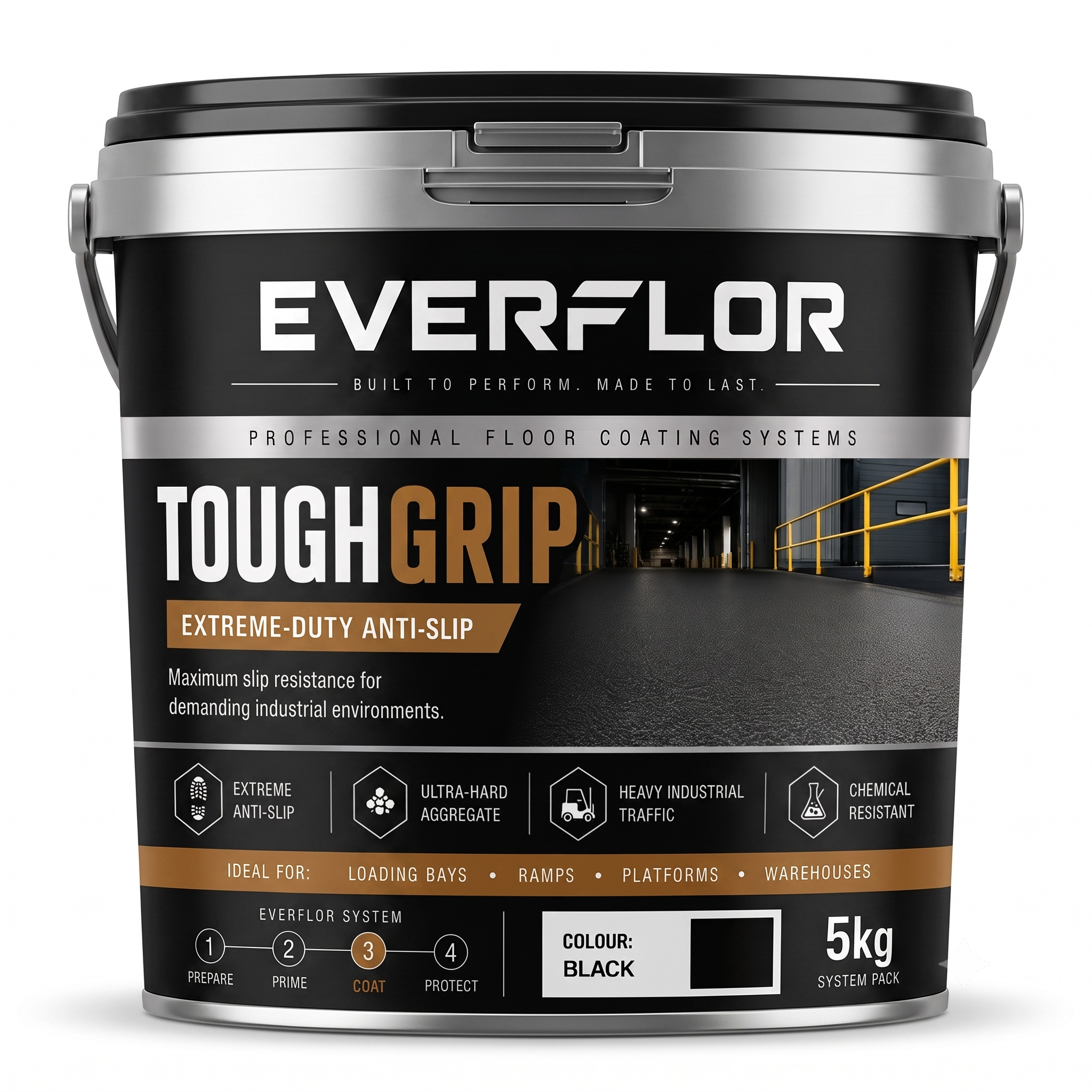 A 5kg bucket of Everflor ToughGrip Extreme-Duty Anti-Slip floor coating, shown on a clean white background. The bucket is black with a silver metal rim and handle, and the label features black, white, and orange text.