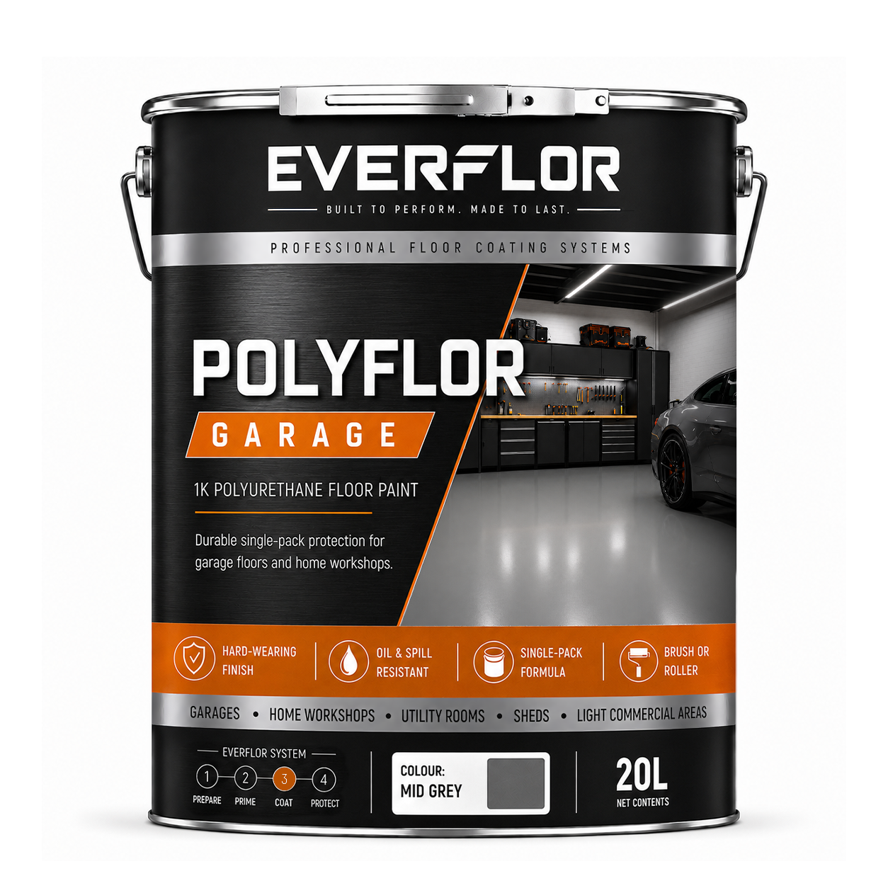 A 20L can of Everflor Polyflor Garage floor paint in 'Colour Mid Grey', featuring a black and silver label with orange accents and a photo of a garage interior.
