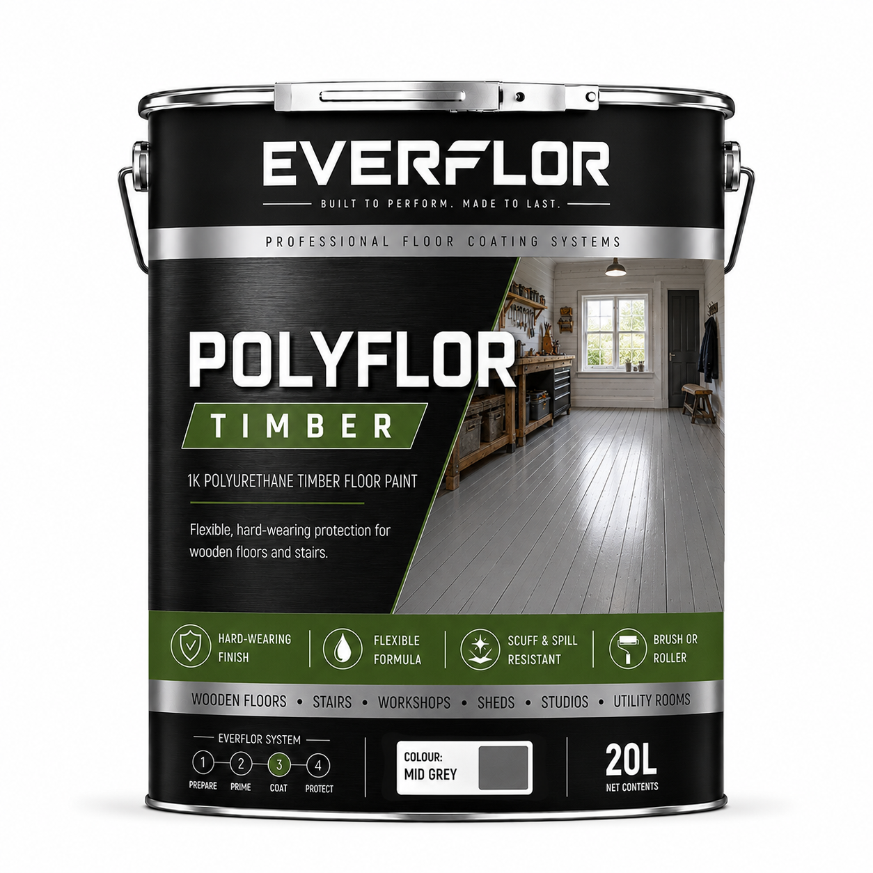 A 20L can of EverFlOR PolyFlOR Timber floor paint in the color 'Mid Grey', shown on a clean white background. The can features a black label with green accents and a photo of a finished wood floor in a room.
