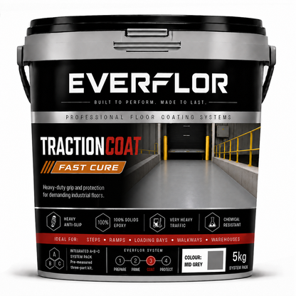 A 5kg bucket of Everflor Traction Coat Fast Cure floor coating system, shown on a clean white background. The bucket is black and silver with a detailed label showing its industrial application on a warehouse ramp.