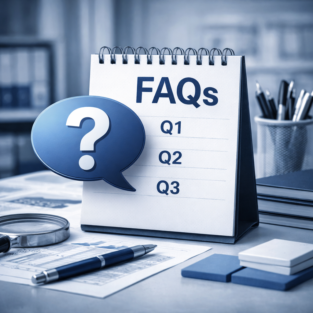 Notepad with 'FAQs' and question marks on a desk with office supplies
