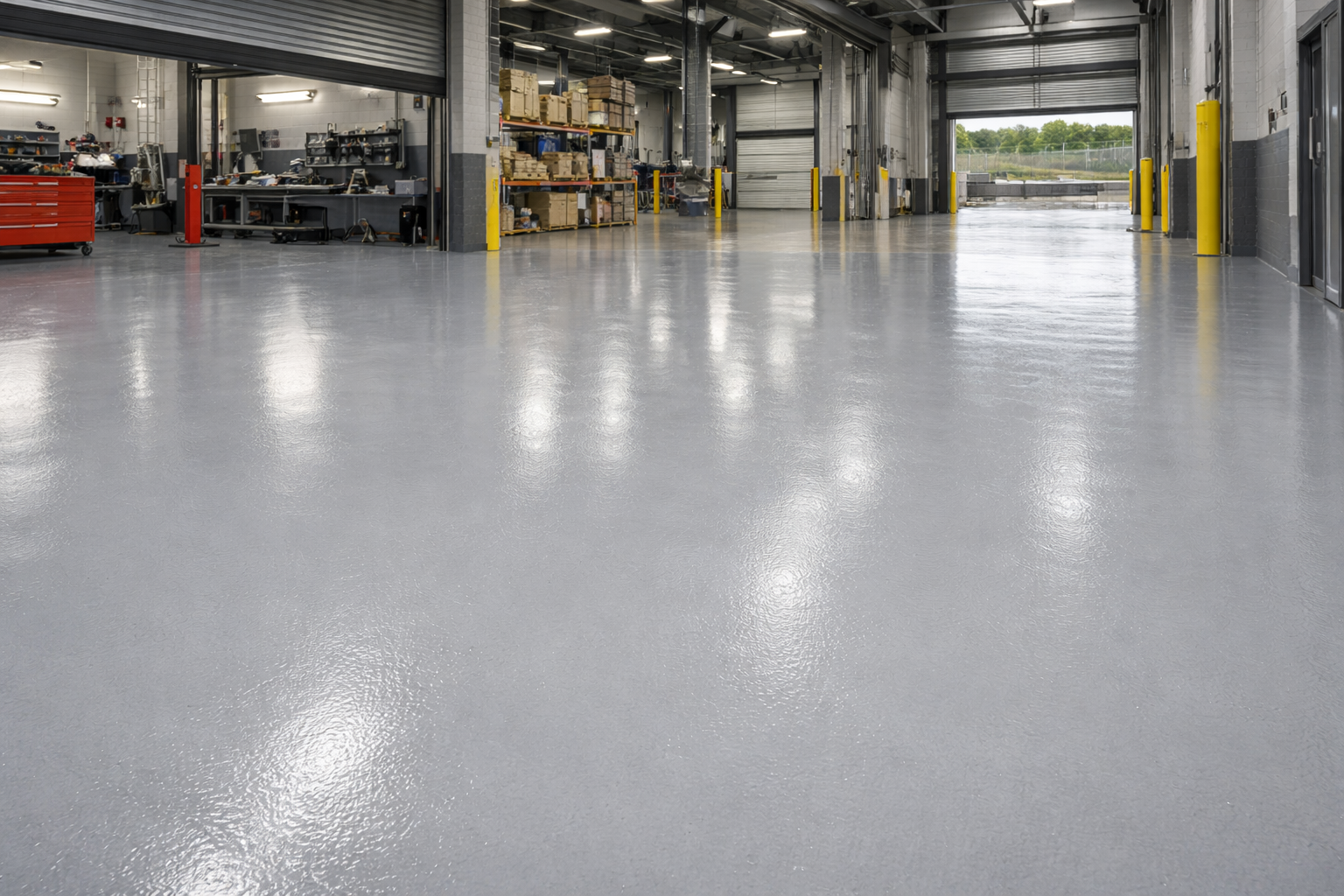 Large warehouse interior with a shiny floor and various equipment.