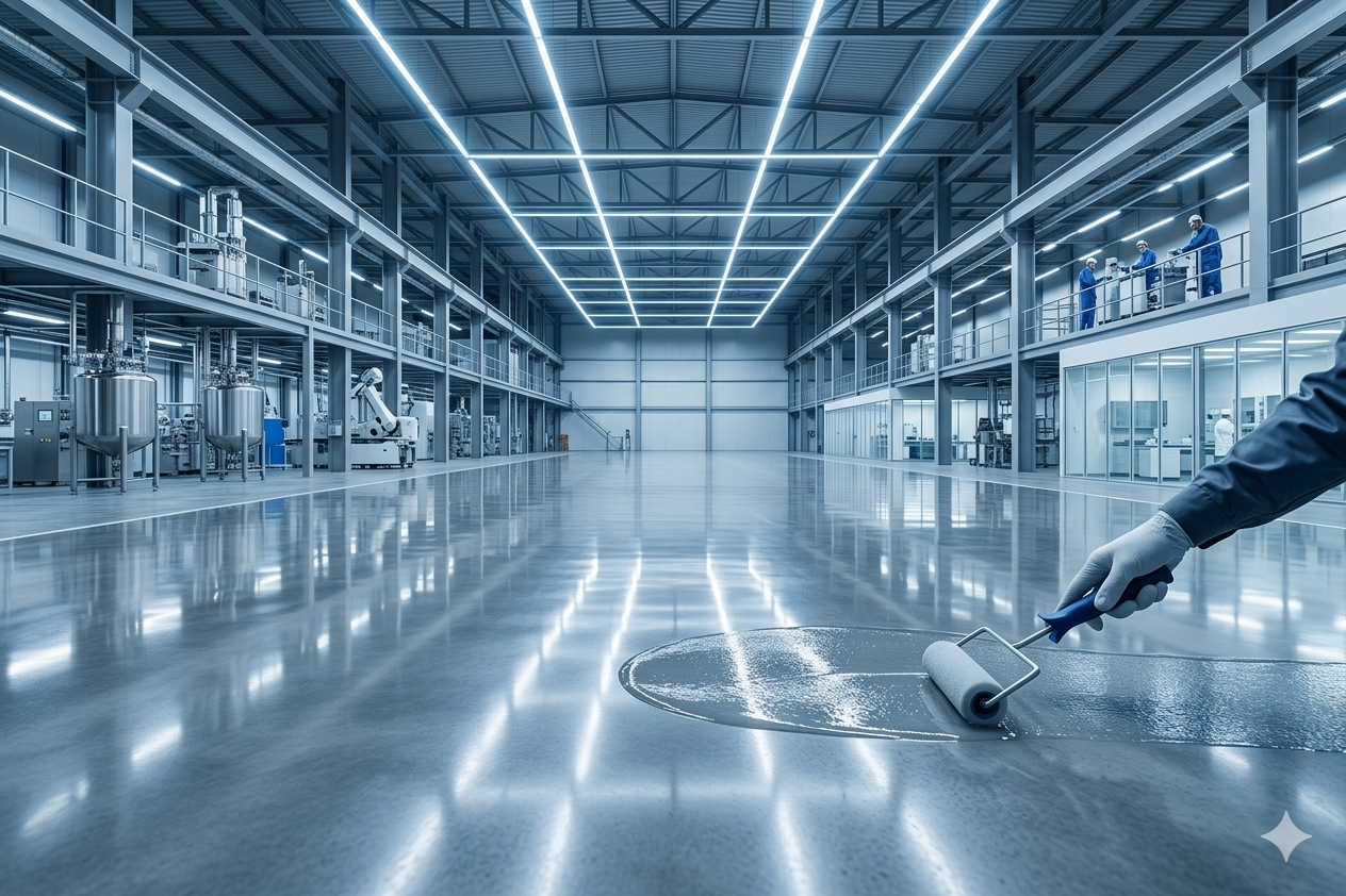 Person using a roller to smooth out a shiny floor in a large industrial building.