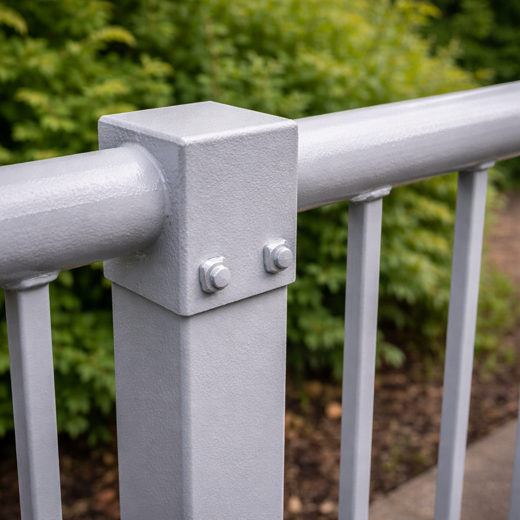 Close-up of a metal railing with bolts against a blurred green background