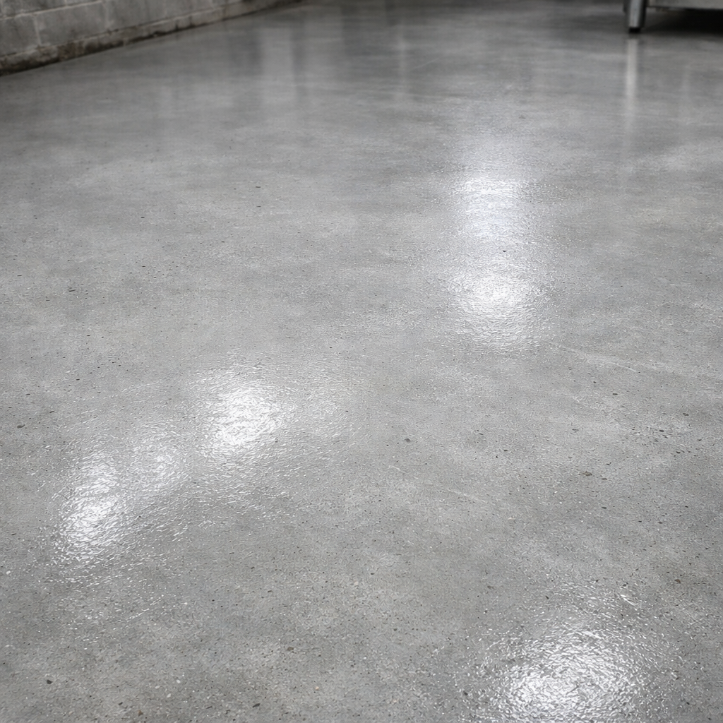 Polished concrete floor with reflective surface