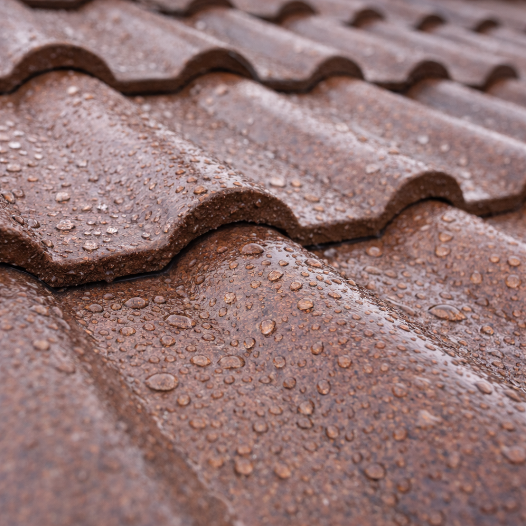 Close-up of a brown roof tile with water droplets